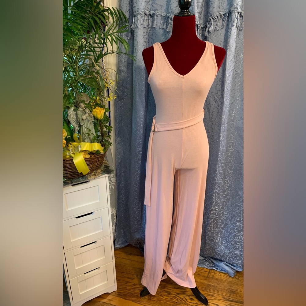 Super cute, pale, pink ribbed belted, V-neck, front  & back jumpsuit size L Read